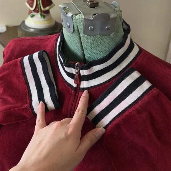 Red Velvet Velour Track Jacket Y2K Emo Soft Grunge Zip Up Striped Collar retro - Picture 7 of 12